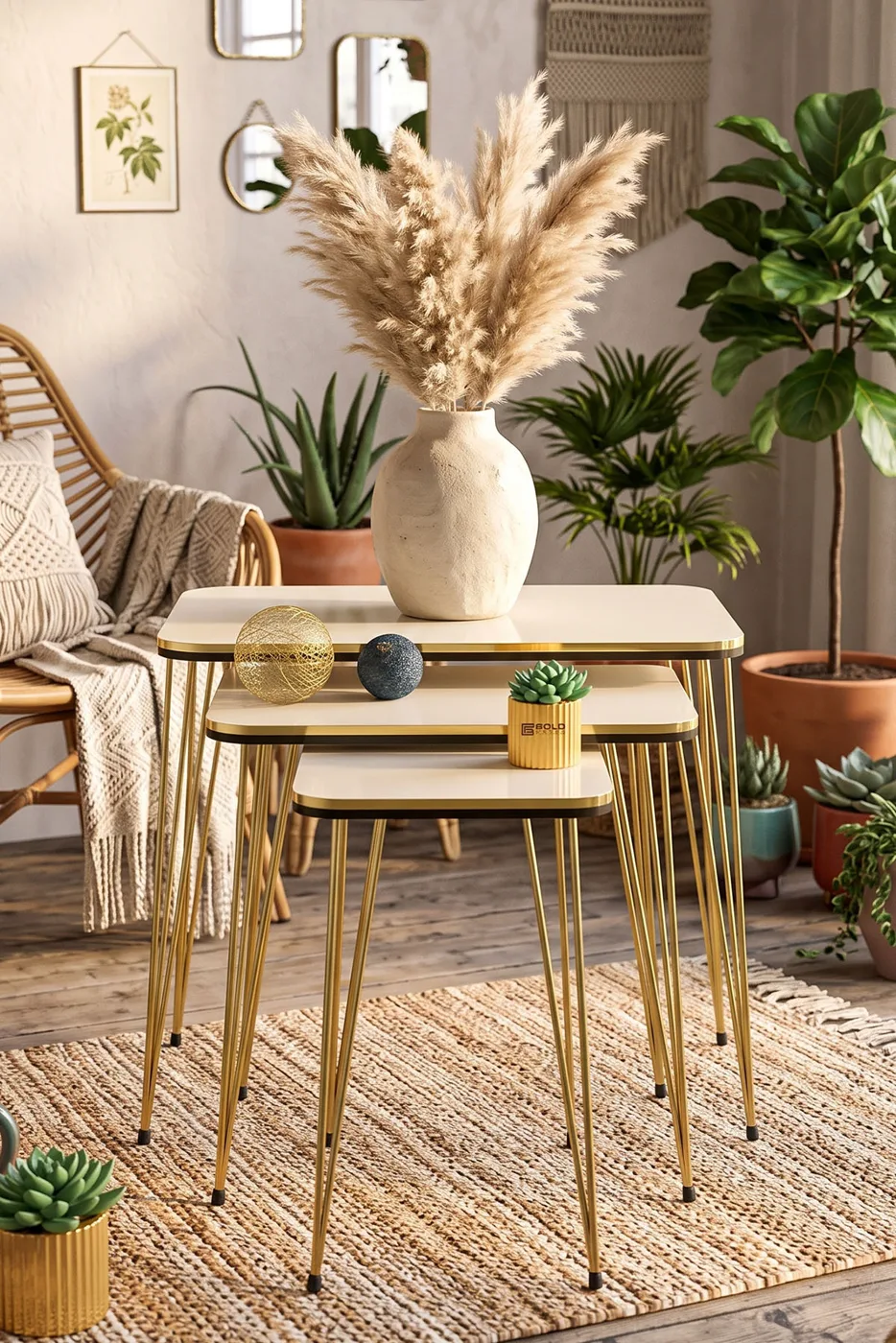 Rectangular Nesting Table Set Gold Wire Legs - Cream