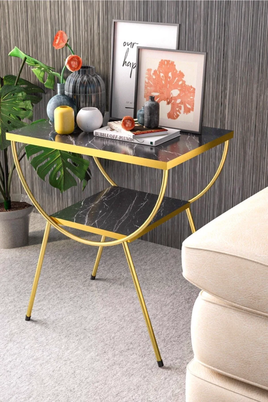Arc Metal Leg Rectangular Side Table - Black Marble Effect
