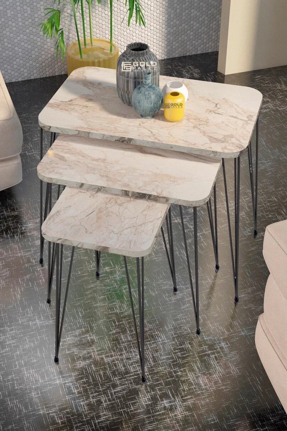 Rectangular Nesting Table Set Wire Legs - White Marble Effect