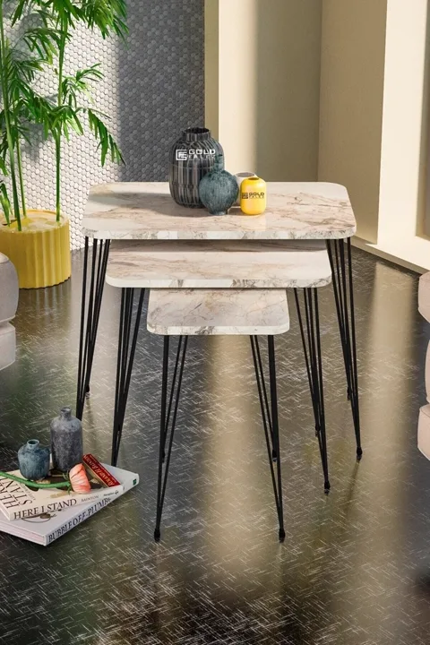 Rectangular Nesting Table Set Wire Legs - White Marble Effect