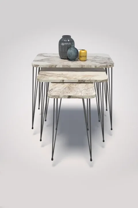 Rectangular Nesting Table Set Wire Legs - White Marble Effect