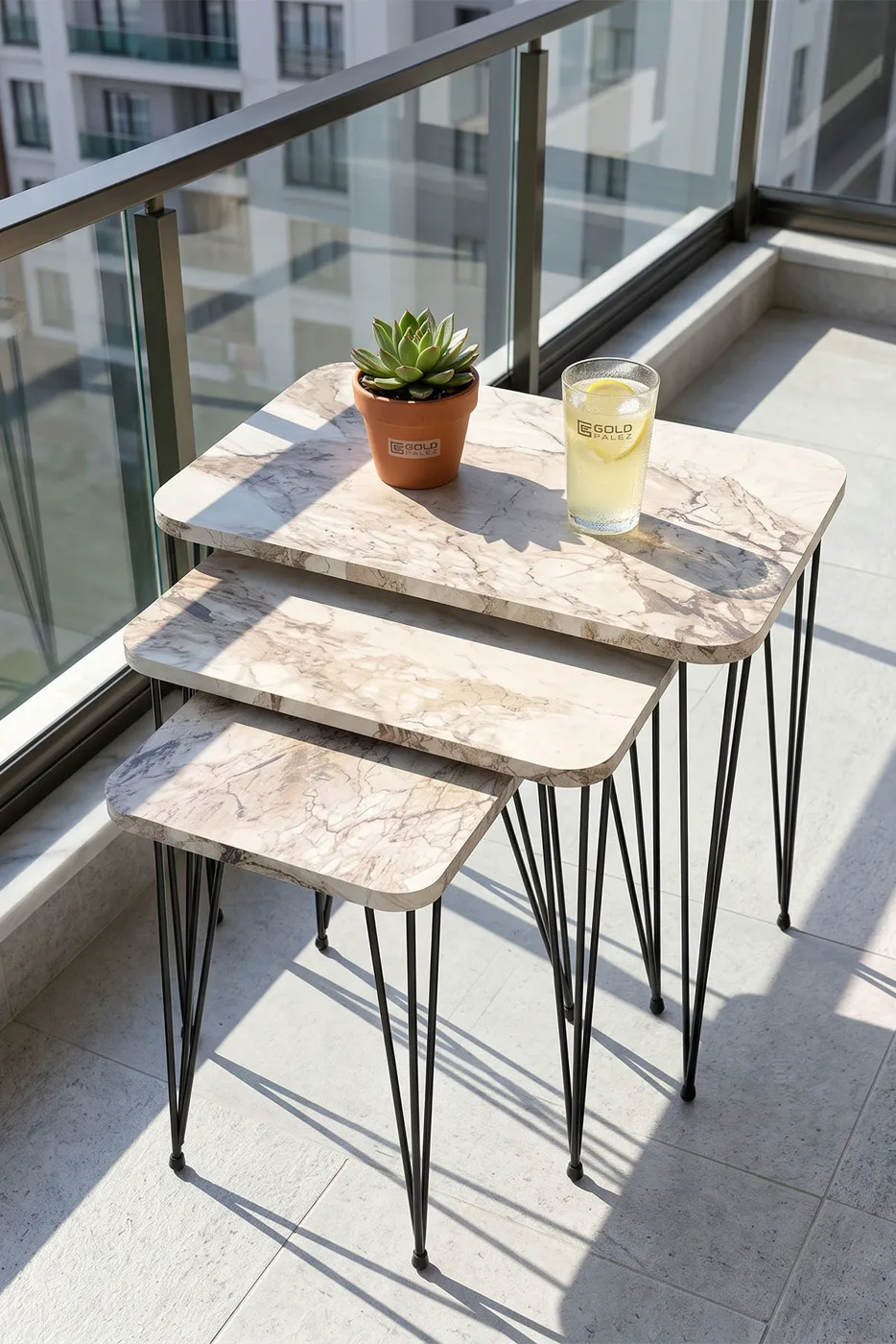 Rectangular Nesting Table Set Wire Legs - White Marble Effect