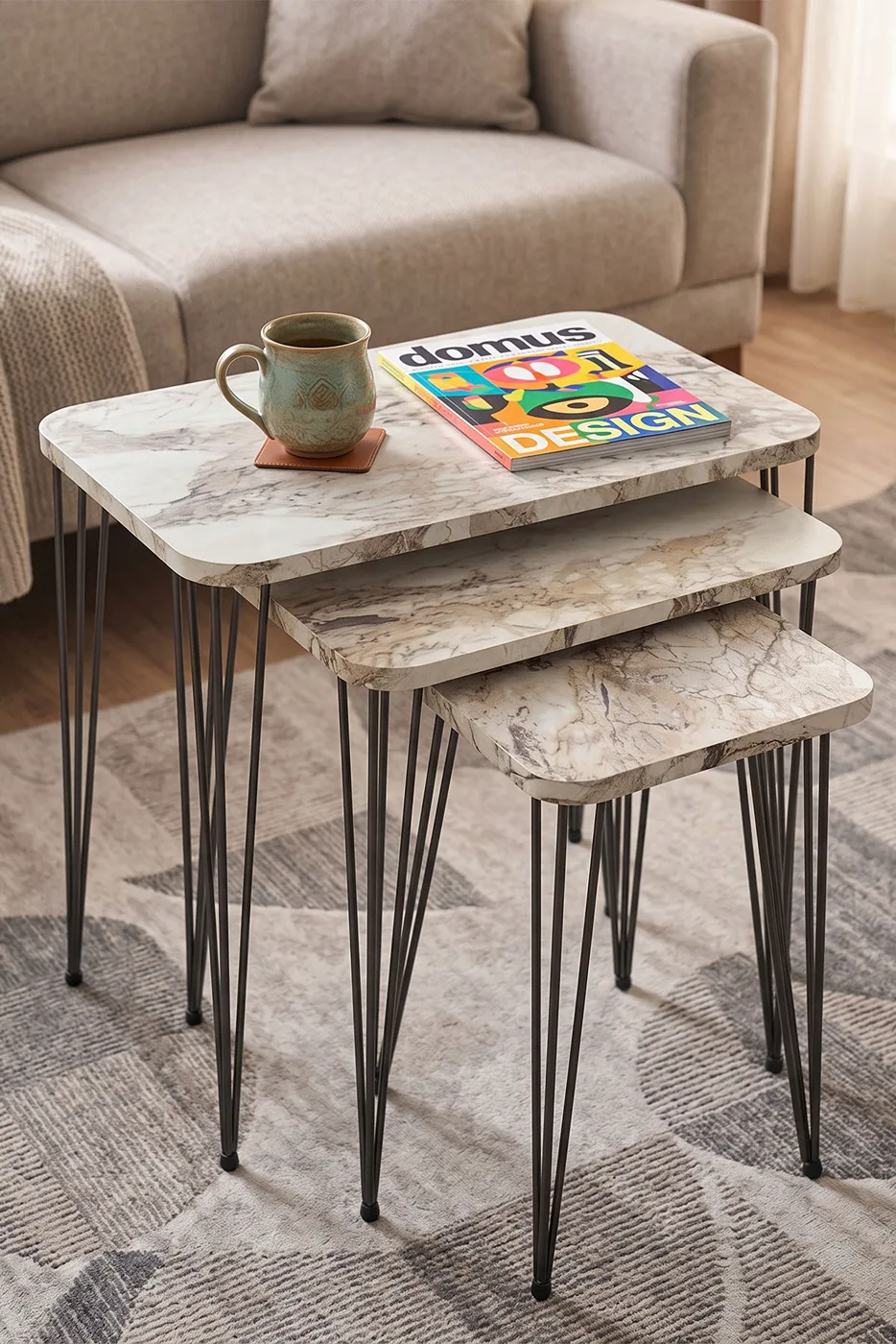 Rectangular Nesting Table Set Wire Legs - White Marble Effect