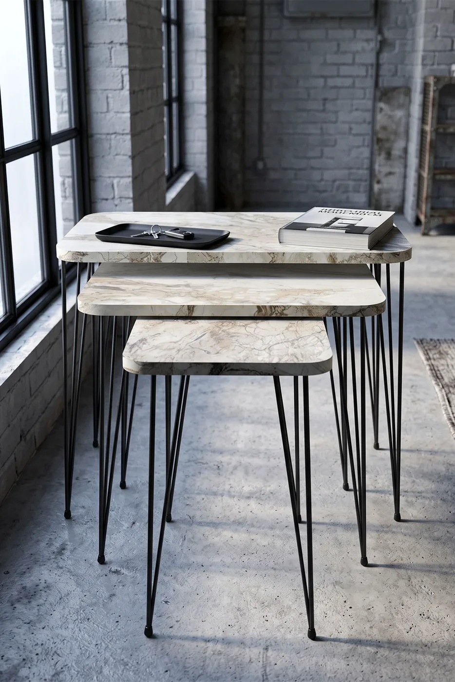 Rectangular Nesting Table Set Wire Legs - White Marble Effect
