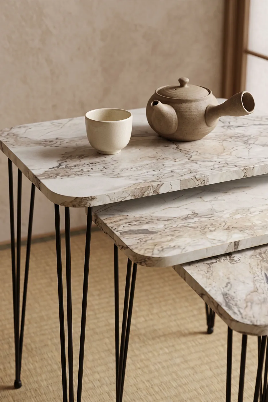 Rectangular Nesting Table Set Wire Legs - White Marble Effect