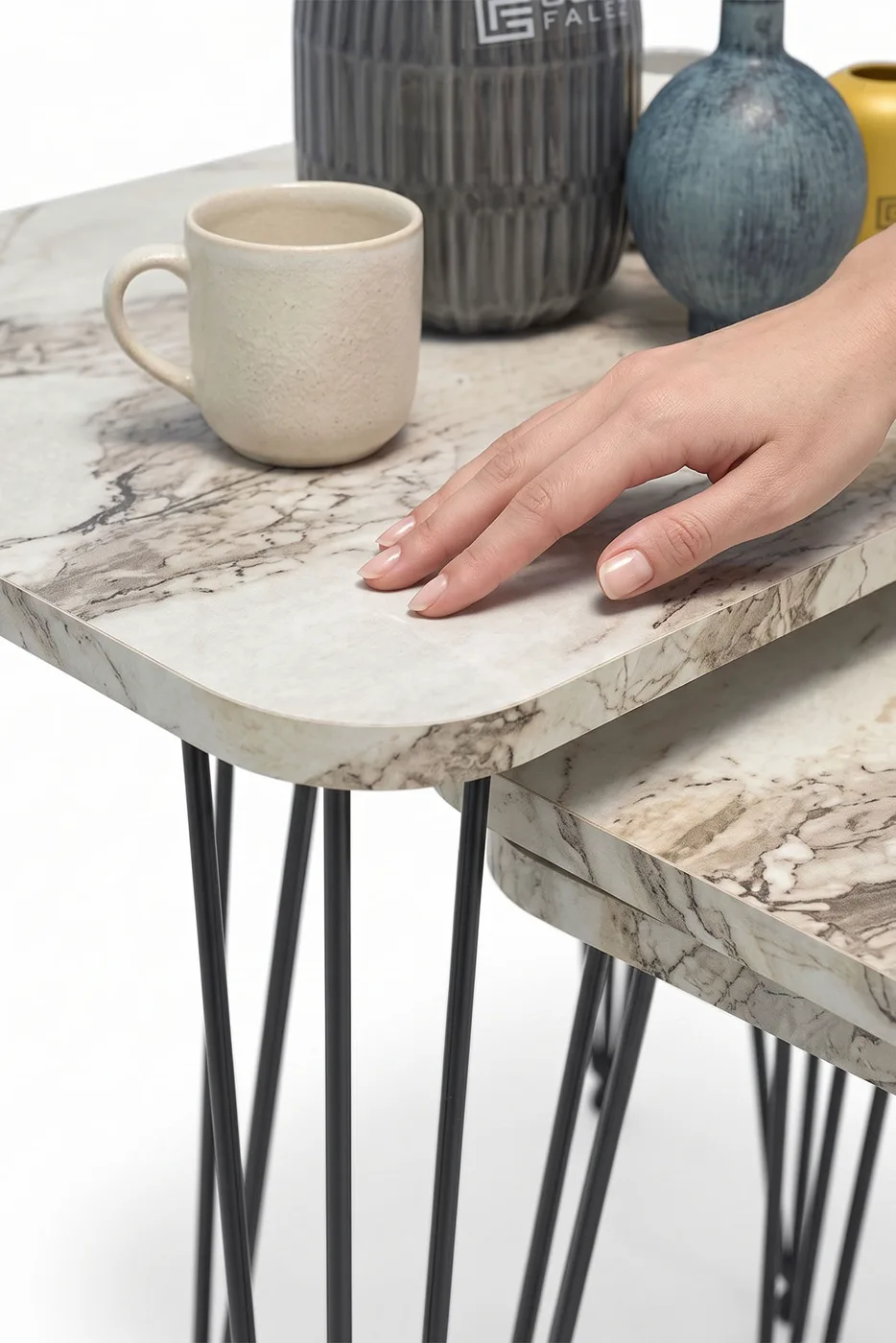 Rectangular Nesting Table Set Wire Legs - White Marble Effect