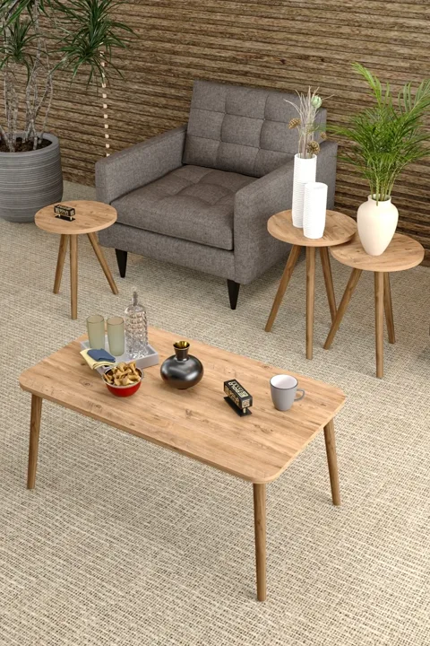Square Coffee & Nesting Table Set Turned Wooden Legs - Walnut