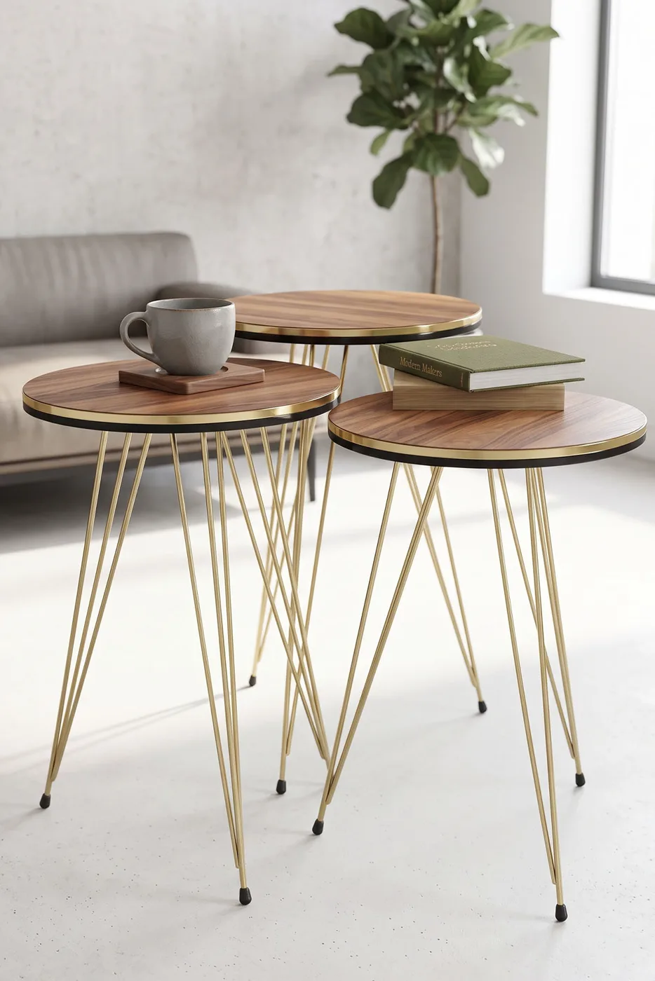 Round Nesting Table Set Gold Wire Legs - Walnut