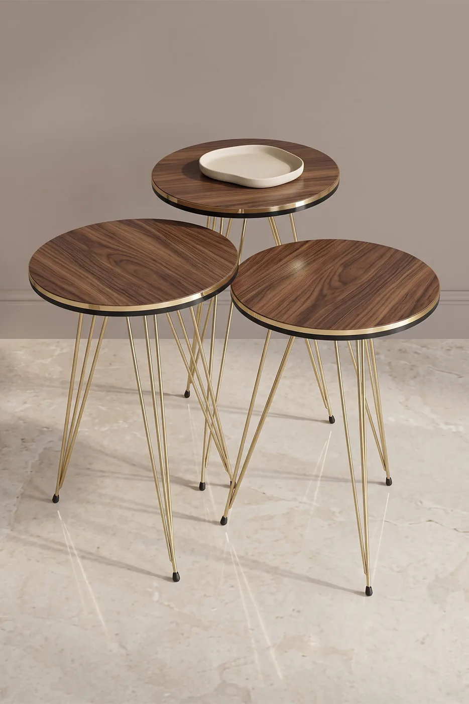Round Nesting Table Set Gold Wire Legs - Walnut