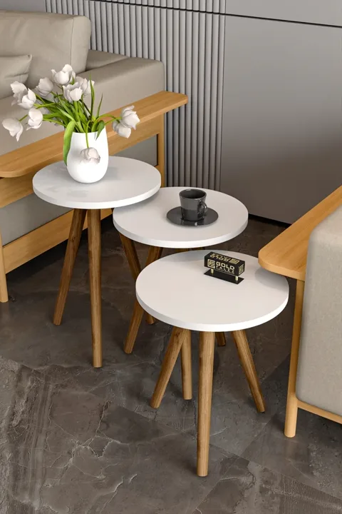 Square Coffee & Nesting Table Set Turned Wooden Legs - White