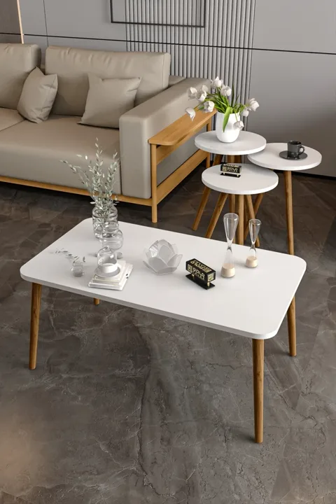 Square Coffee & Nesting Table Set Turned Wooden Legs - White