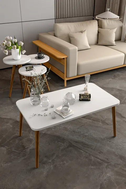 Square Coffee & Nesting Table Set Turned Wooden Legs - White