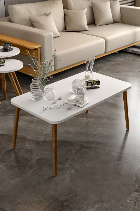 Square Coffee & Nesting Table Set Turned Wooden Legs - White