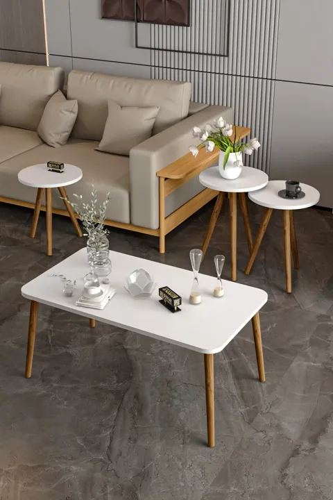 Square Coffee & Nesting Table Set Turned Wooden Legs - White