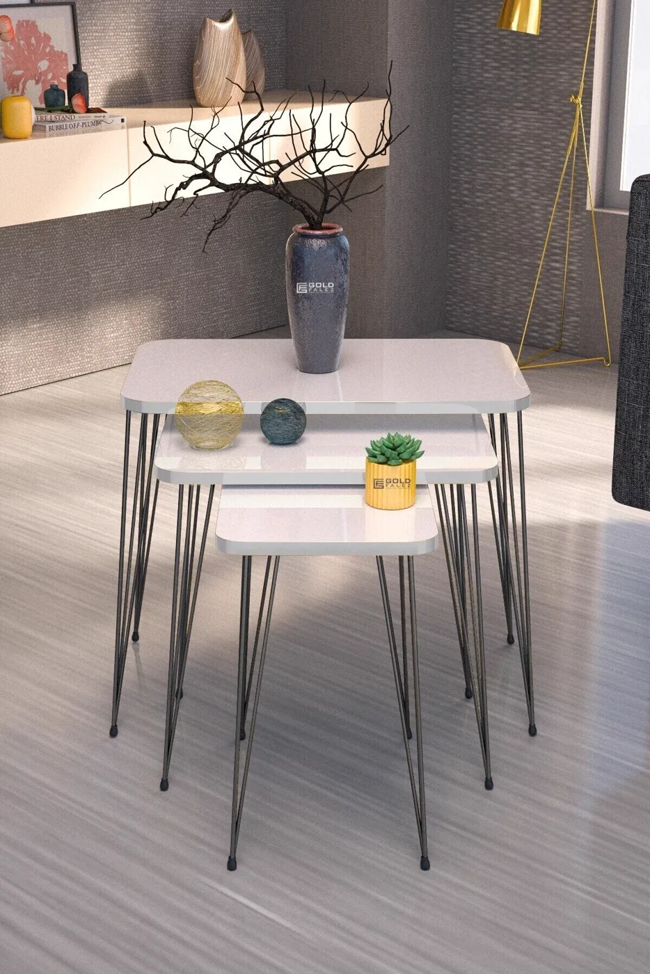 Rectangular Nesting Table Set Wire Legs - White