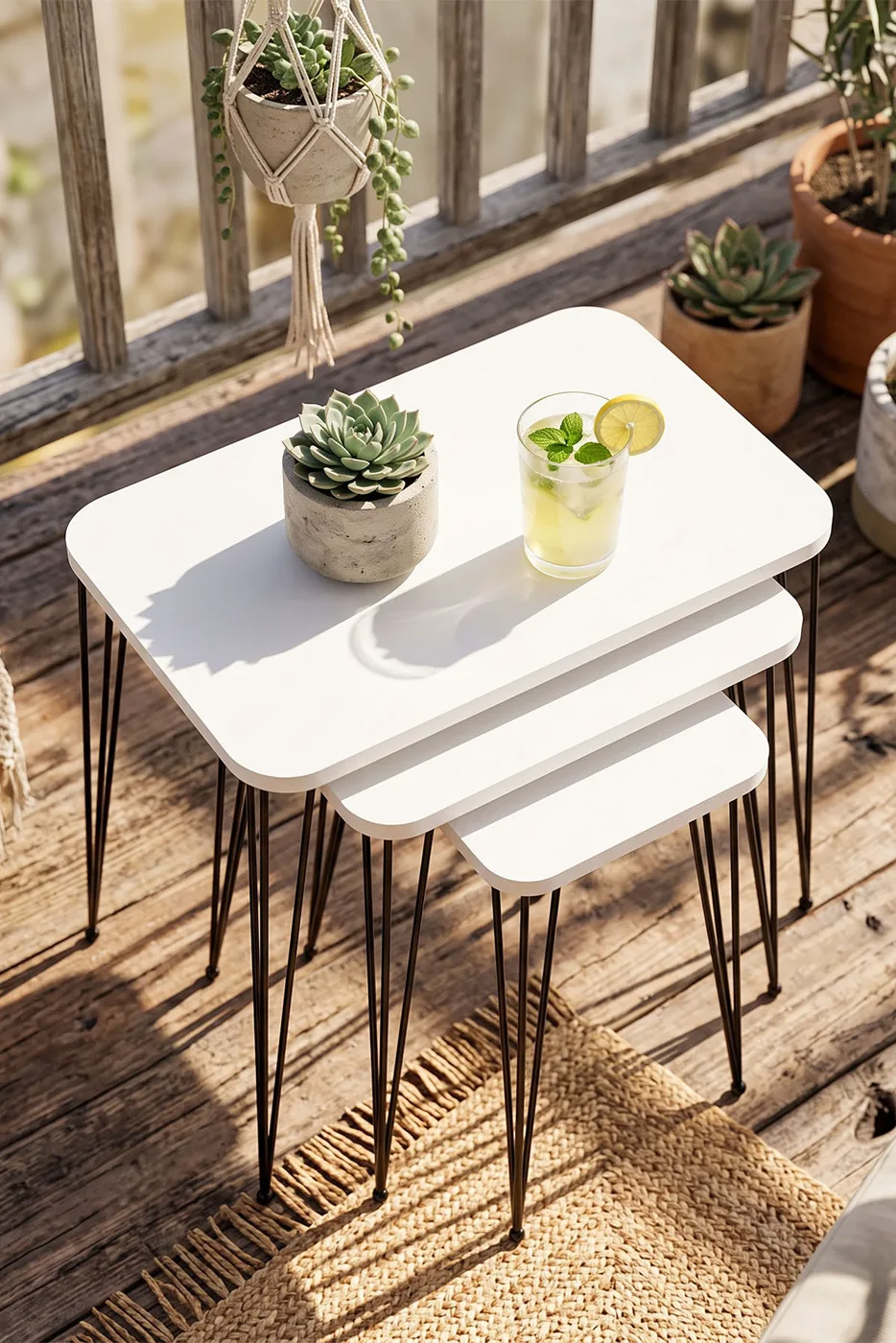Rectangular Nesting Table Set Wire Legs - White