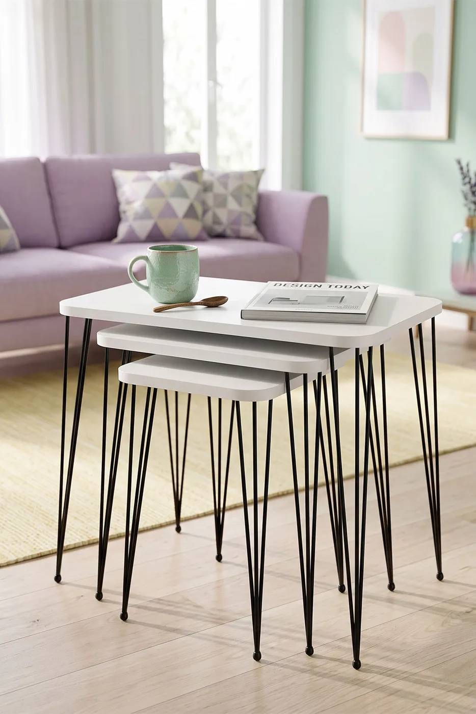 Rectangular Nesting Table Set Wire Legs - White