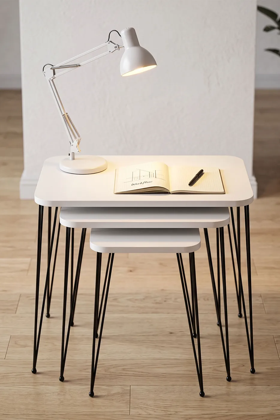 Rectangular Nesting Table Set Wire Legs - White