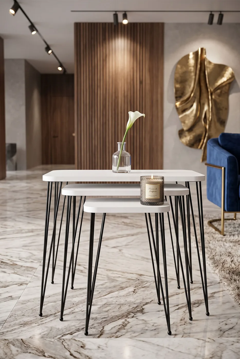 Rectangular Nesting Table Set Wire Legs - White