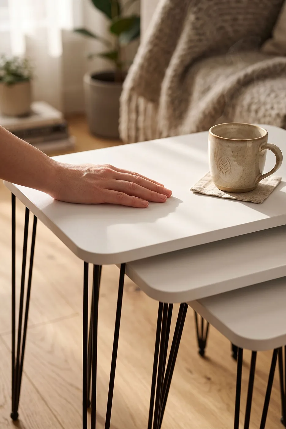 Rectangular Nesting Table Set Wire Legs - White