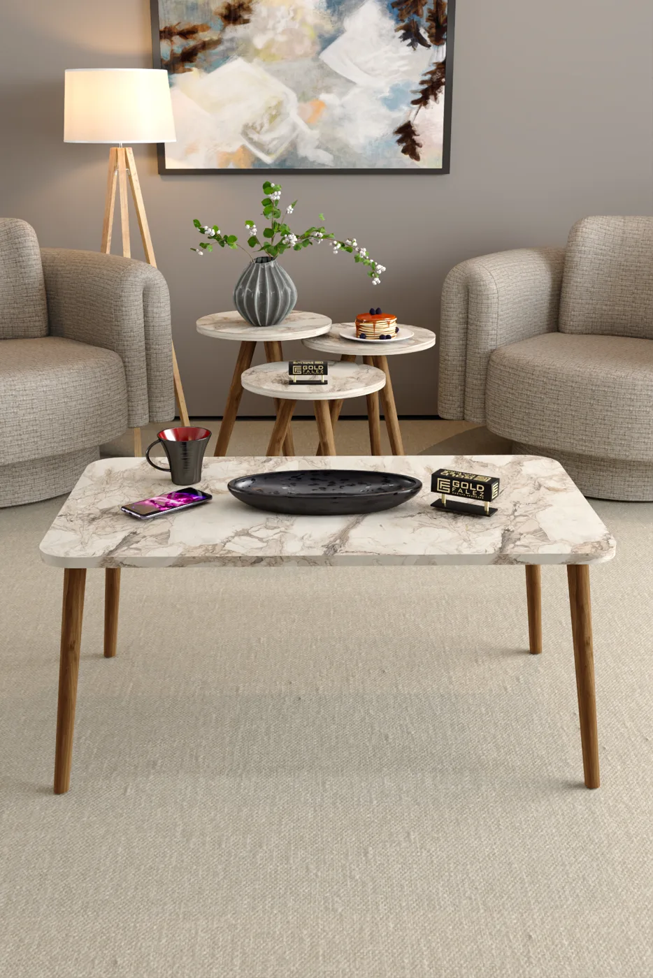 Square Coffee & Nesting Table Set Turned Wooden Legs - White Marble Effect