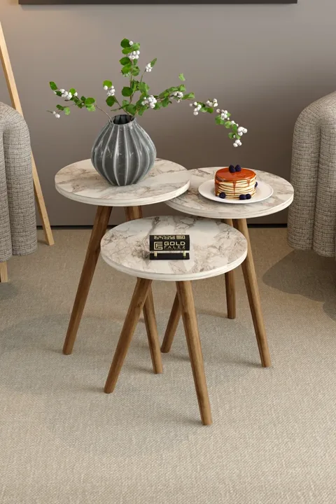 Square Coffee & Nesting Table Set Turned Wooden Legs - White Marble Effect