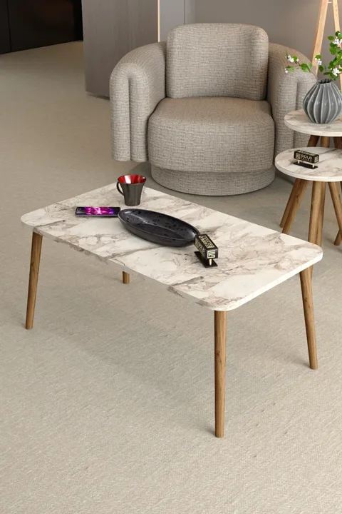 Square Coffee & Nesting Table Set Turned Wooden Legs - White Marble Effect