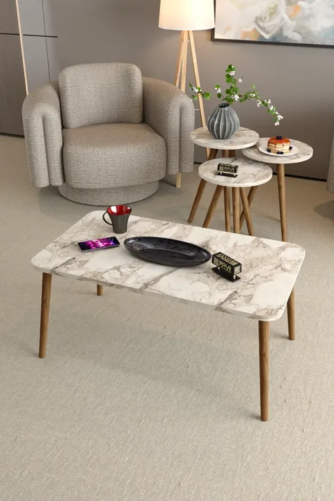 Square Coffee & Nesting Table Set Turned Wooden Legs - White Marble Effect