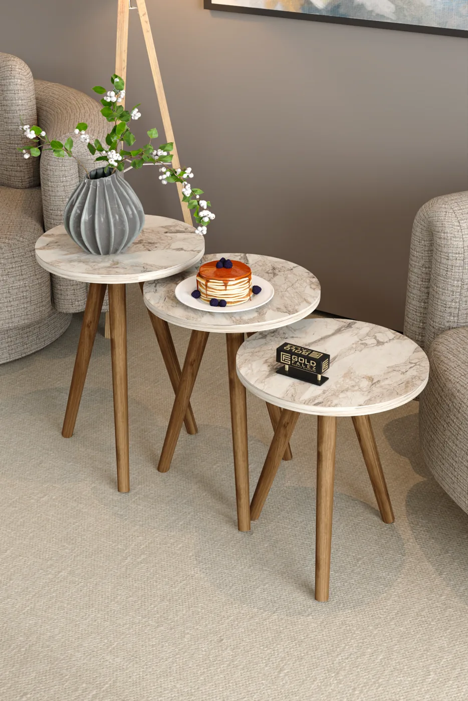Set tavolino da salotto e tavolini a incastro quadrati con gambe in legno tornito - effetto marmo bianco