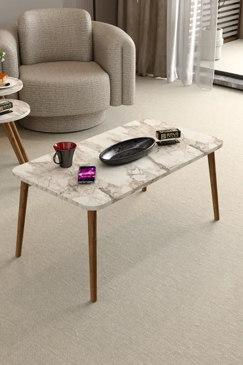 Square Coffee & Nesting Table Set Turned Wooden Legs - White Marble Effect