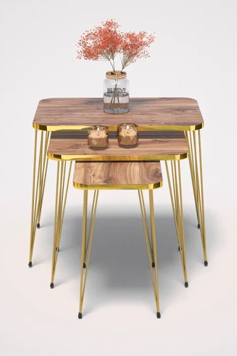 Rectangular Nesting Table Set Gold Wire Legs - Walnut