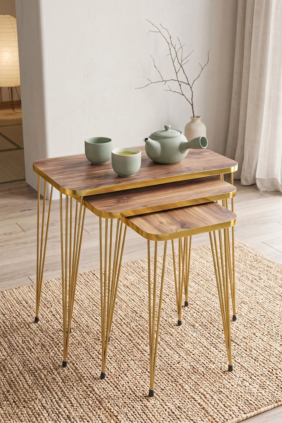 Rectangular Nesting Table Set Gold Wire Legs - Walnut