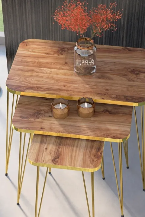 Rectangular Nesting Table Set Gold Wire Legs - Walnut