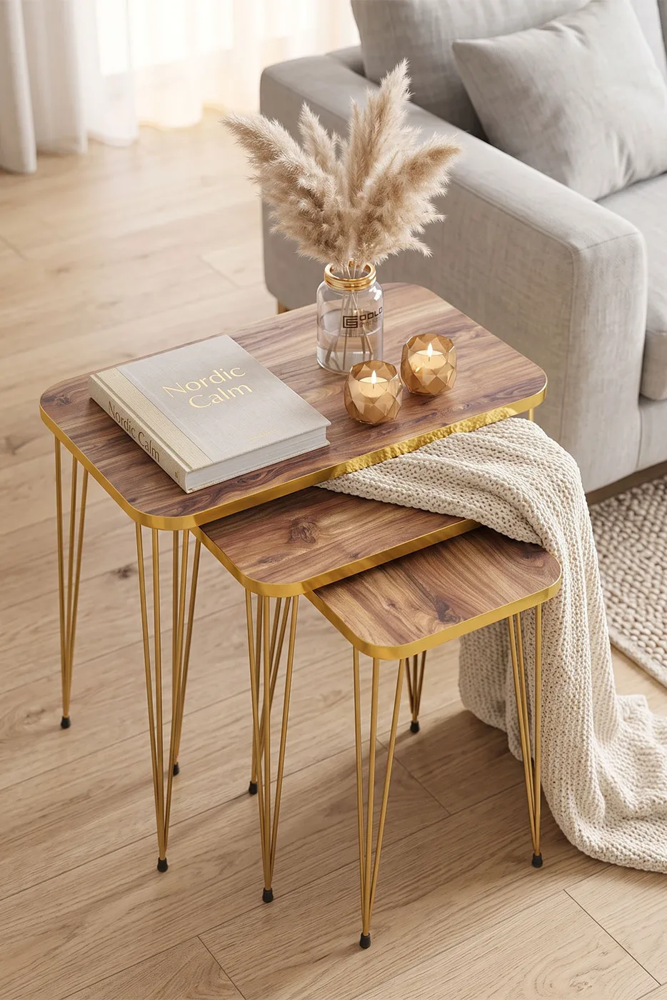 Rectangular Nesting Table Set Gold Wire Legs - Walnut