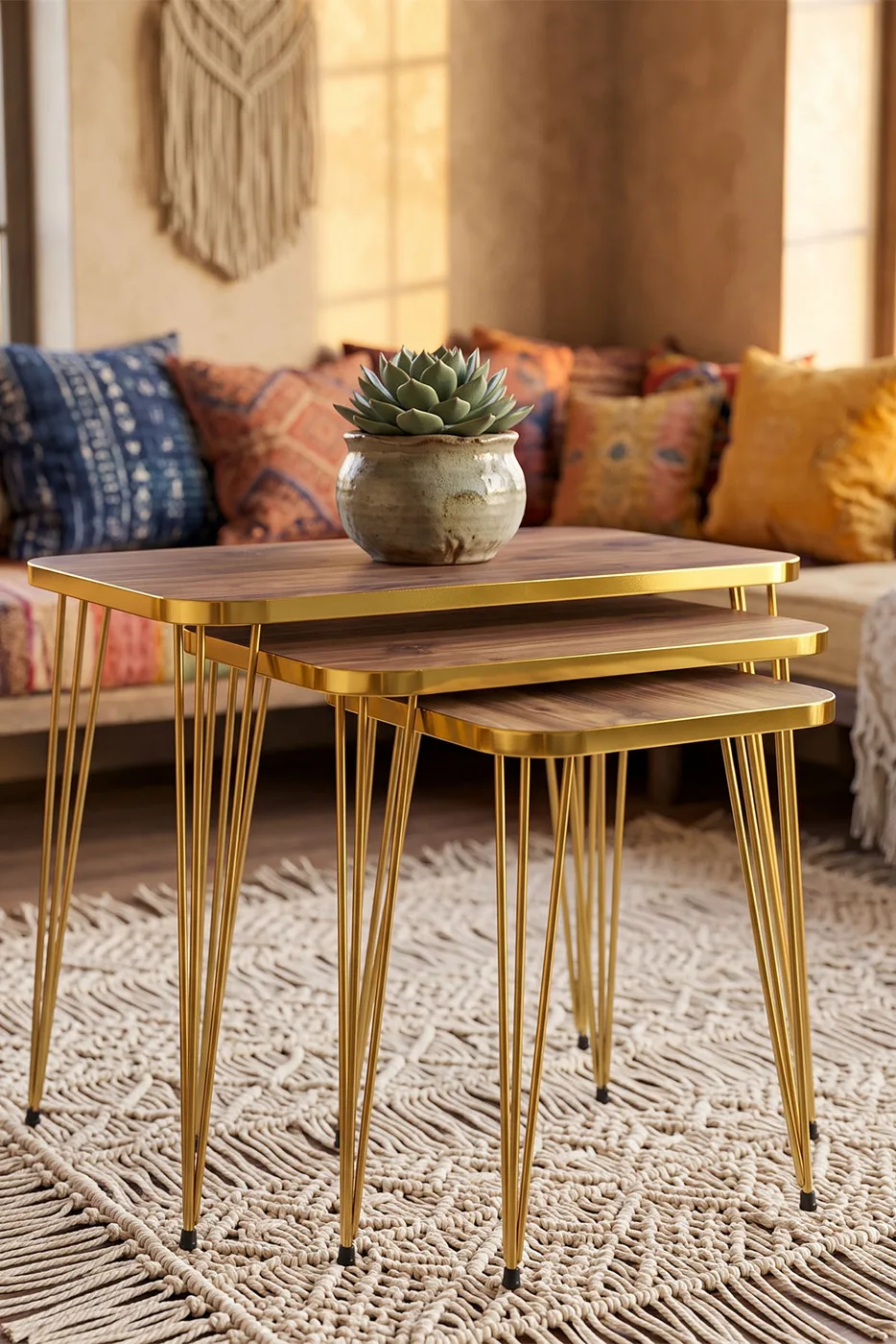Rectangular Nesting Table Set Gold Wire Legs - Walnut