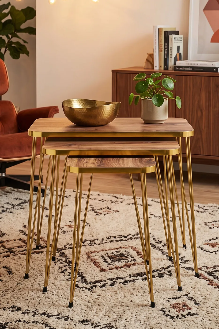 Rectangular Nesting Table Set Gold Wire Legs - Walnut