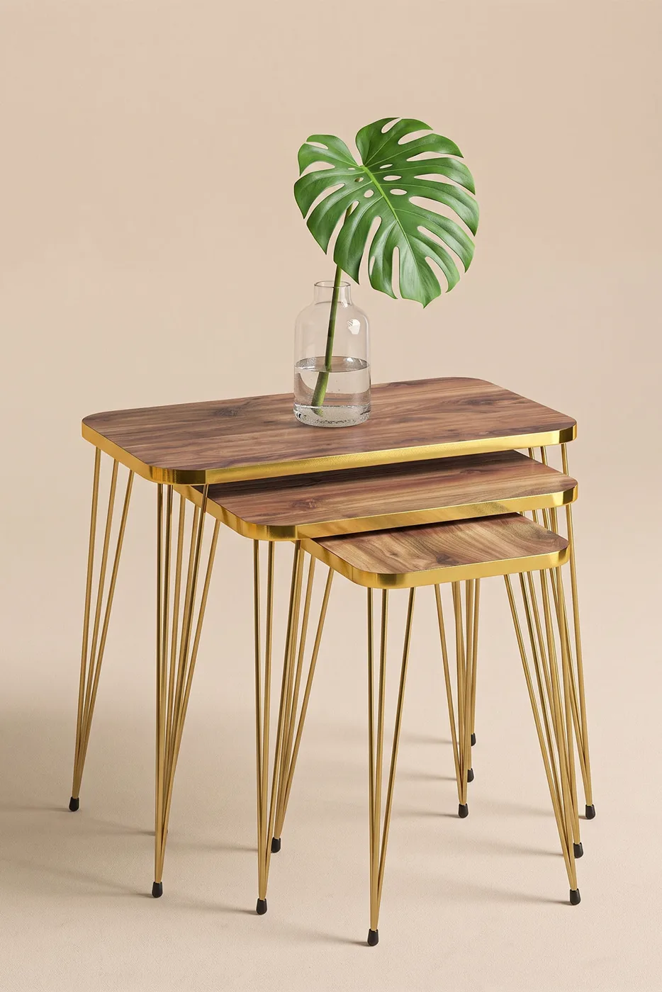 Rectangular Nesting Table Set Gold Wire Legs - Walnut
