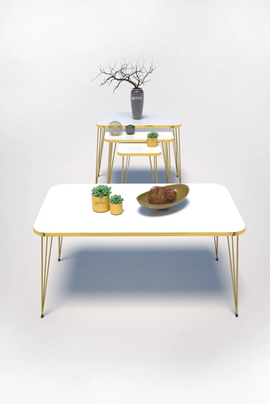 Rectangular 4-Piece Table Set Gold Wire Legs - White