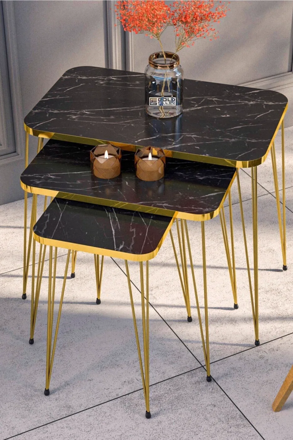 Rectangular Nesting Table Set Gold Wire Legs - Black Marble Effect