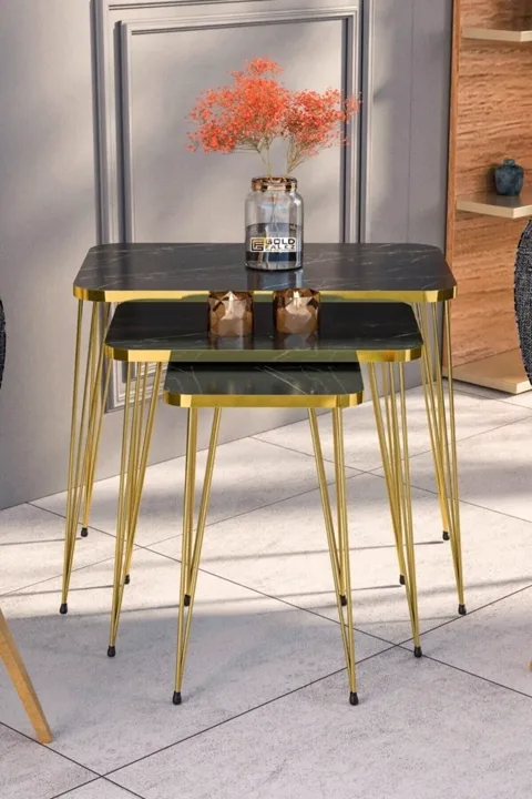 Rectangular Nesting Table Set Gold Wire Legs - Black Marble Effect