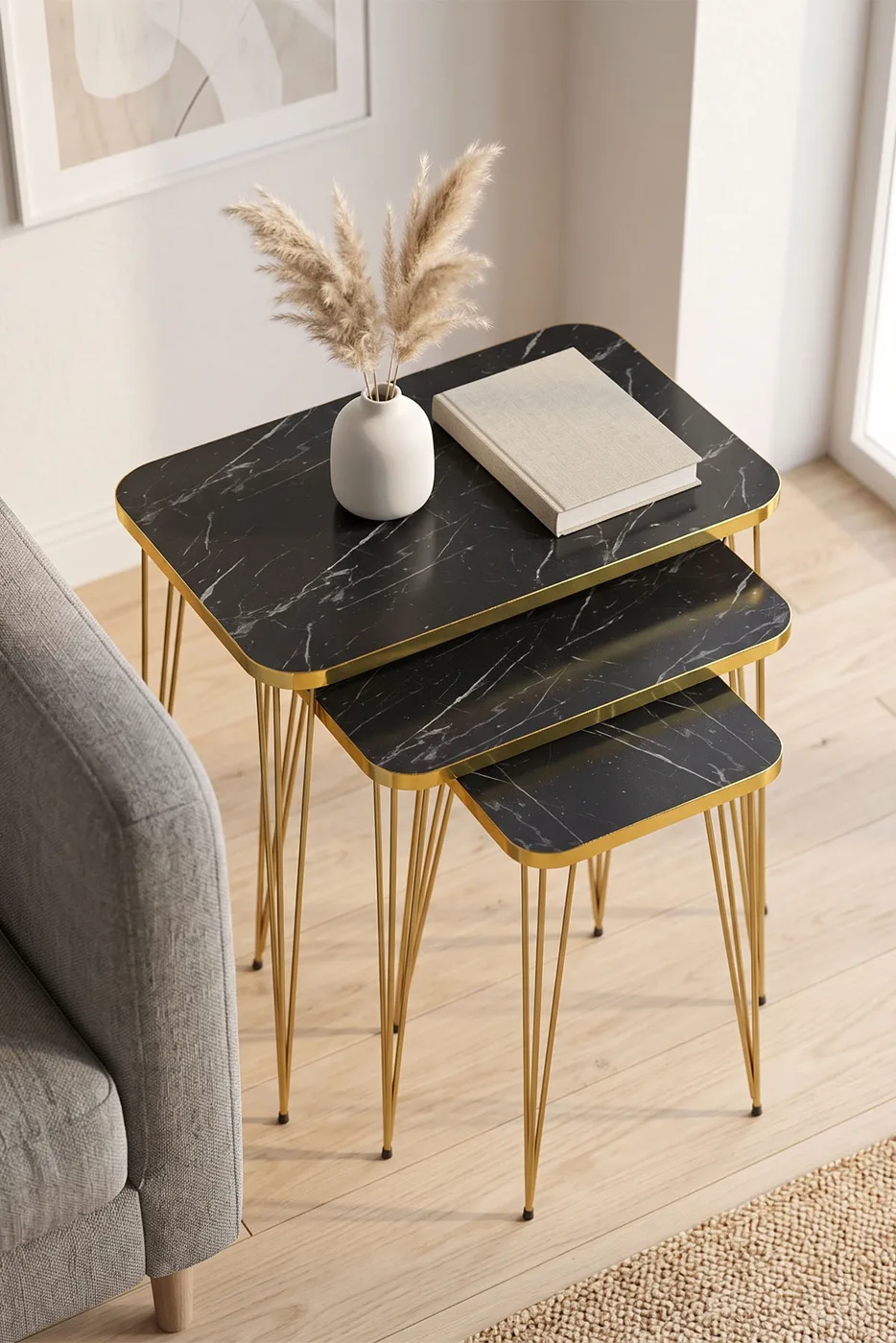 Rectangular Nesting Table Set Gold Wire Legs - Black Marble Effect