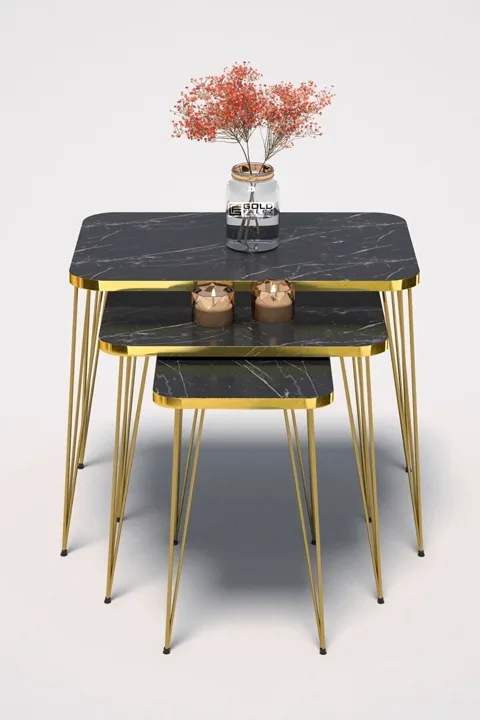 Rectangular Nesting Table Set Gold Wire Legs - Black Marble Effect