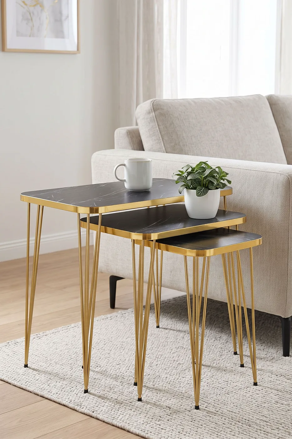 Rectangular Nesting Table Set Gold Wire Legs - Black Marble Effect