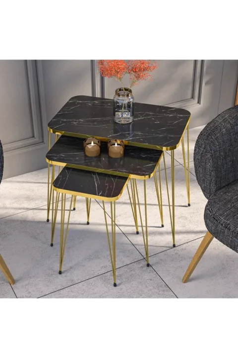 Rectangular Nesting Table Set Gold Wire Legs - Black Marble Effect