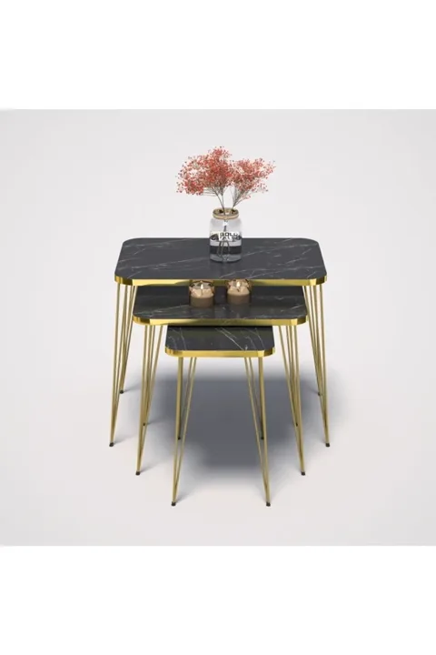 Rectangular Nesting Table Set Gold Wire Legs - Black Marble Effect
