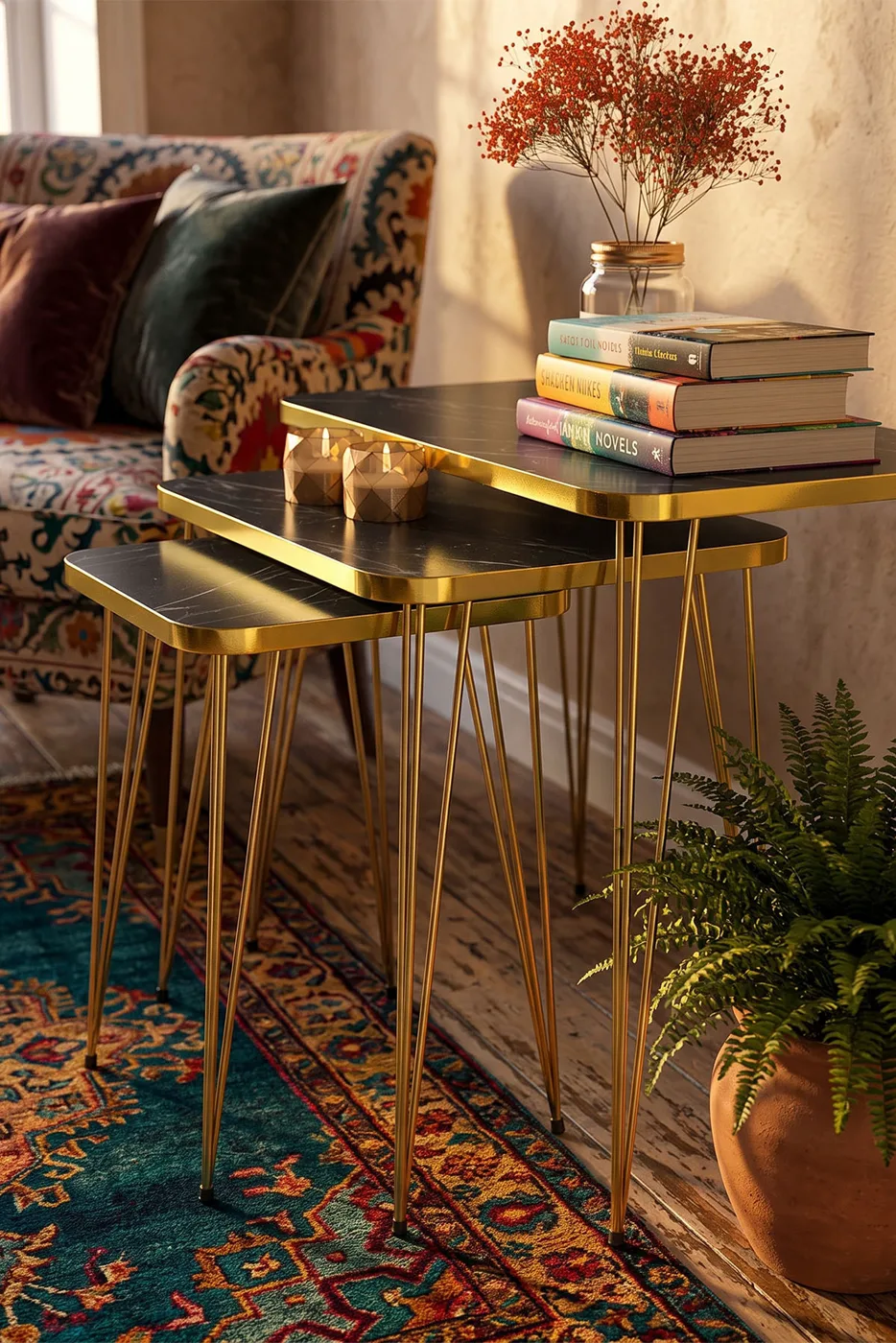 Rectangular Nesting Table Set Gold Wire Legs - Black Marble Effect
