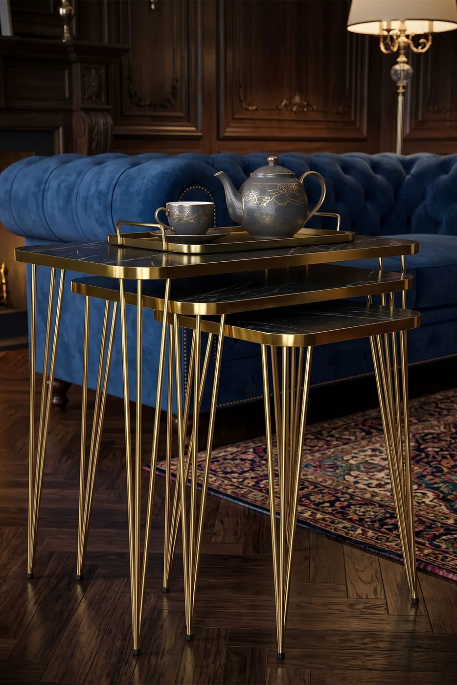 Rectangular Nesting Table Set Gold Wire Legs - Black Marble Effect