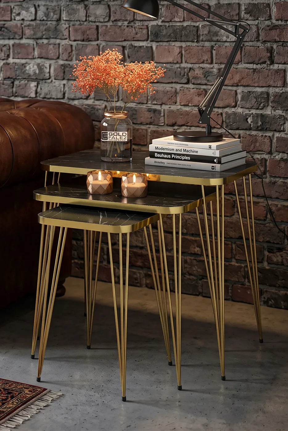 Rectangular Nesting Table Set Gold Wire Legs - Black Marble Effect