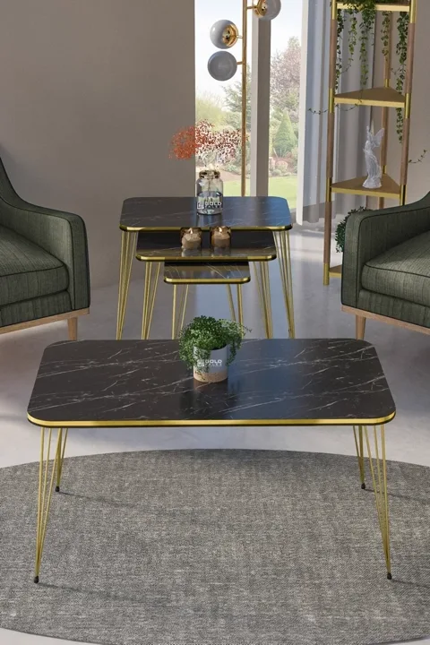 Square 4-Piece Table Set Gold Wire Legs - Black Marble Effect