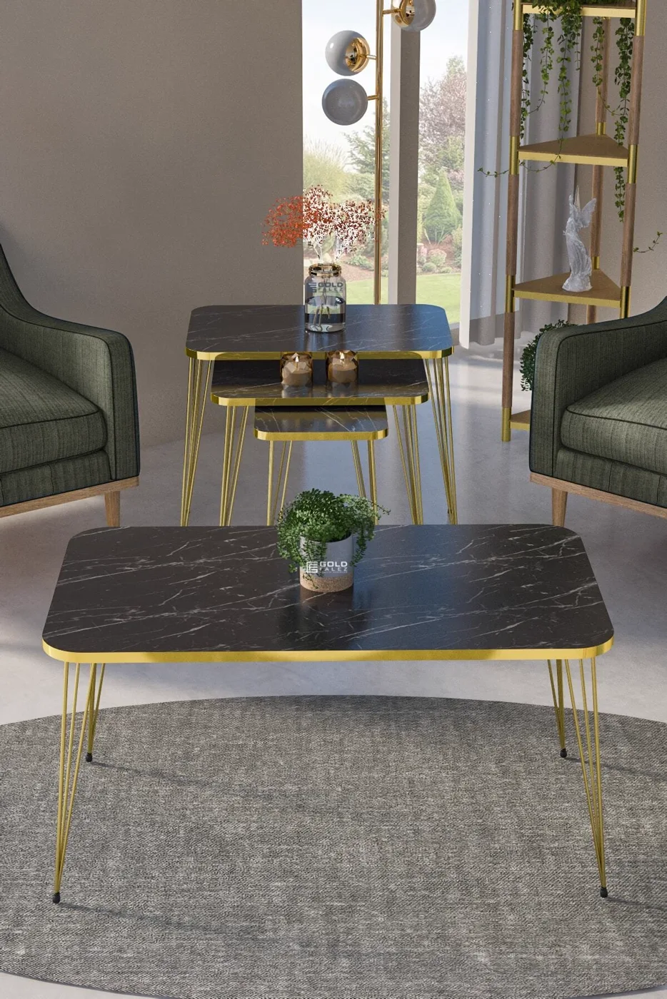 Rectangular 4-Piece Table Set Gold Wire Legs - Black Marble Effect